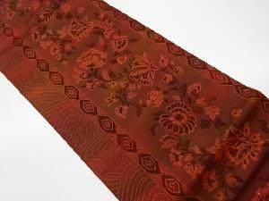 リサイクル　縞に花唐草・亀甲模様織出し全通洒落袋帯